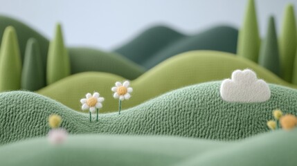 A felt landscape with hills, trees, and flowers under a fluffy cloud
