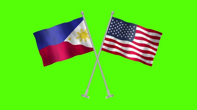 Flag of Philippines and USA, Cross table flag of Philippines and USA on Green screen chroma key, Philippines and USA 3D Animation flag waving in the wind isolated on Green Background. 
