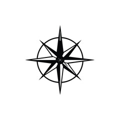 A minimalist compass logo black silhouette with sharp geometric arrows, centrally positioned on a white background. Clean lines, balanced symmetry, and visual clarity are paramount