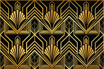 Luxurious Art Deco design featuring gold geometric shapes on a black background, perfect for vintage and modern projects. This classic pattern evokes opulence and sophistication.