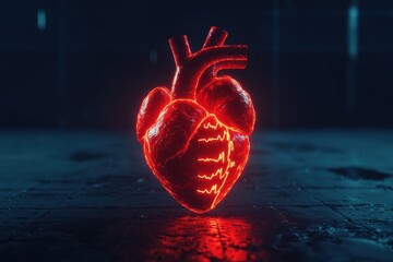 Realistic 3D Heart Model with Neon Red Glow on Dark Background