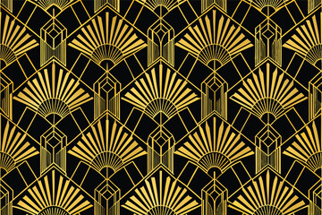 A sophisticated Art Deco pattern featuring geometric shapes in gold on a black background. Perfect for luxury branding, vintage designs, and elegant decor projects.