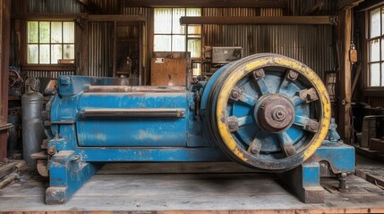 Old blue industrial machine in a rustic workshop
