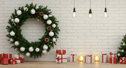 Warm Festive Wreath Decorates Brick Wall. AI Generated