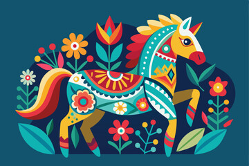 Vibrant folk art illustration featuring a beautifully decorated horse surrounded by whimsical floral patterns. Ideal for cultural and artistic designs, exuding a playful and lively atmosphere.