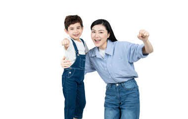 Portrait of Asian mother and boy posing on the background