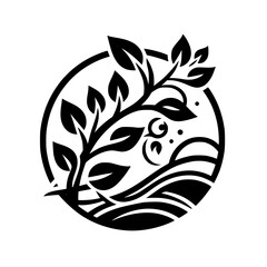 Minimalist Nature Logo: Branch with Leaves, Waves, Sun in Circle