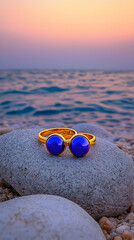 Obraz premium Two Gold Rings with Blue Gemstones on Beach Rocks at Sunset