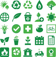 This vector set features green ecology icons, symbols of nature, environment, and recycle, including leaf and tree illustrations for web design