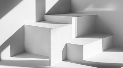Abstract white geometric staircase with sunlight shadows.