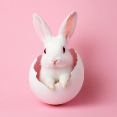 Obraz premium Cute White Rabbit Peeking from Broken Egg Shell on Pink Background