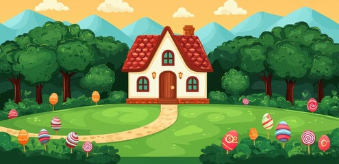 Fototapeta premium Charming Candy House Surrounded by Lush Green Forest and Mountains