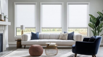 Modern living room interior design featuring stylish white blinds, a comfortable white sofa, and elegant decor.