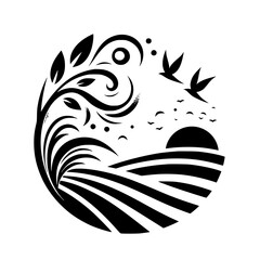 Black & White Nature Circle: Birds, Fields, Swirls