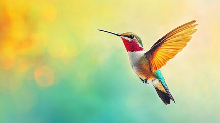 Fototapeta premium Right-aligned illustration of a colorful hummingbird mid-hover, soft mint pastel background, bright and joyful design 