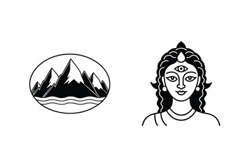 Black And White Illustration Of Mountain Landscape And Hindu Goddess Silhouette