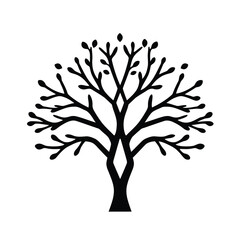 Obraz premium A minimalist logo a black silhouette tree icon with simple geometric branches, centered on a white background. Clean lines, symmetrical design, emphasizing balance and visual clarity. Vector style