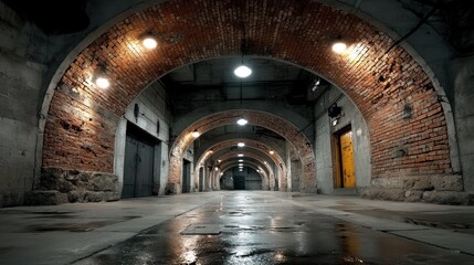 Naklejka premium Walking Through an Arched Brick Tunnel with Lights and Wet Floor