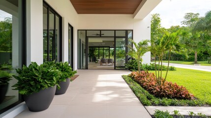 Fototapeta premium Modern home entrance with elegant landscaping, large windows, and stylish planters showcasing lush greenery