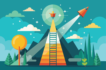Colorful illustration of a rocket launching from a pyramid ladder, symbolizing growth, success, and achievement in a whimsical landscape.