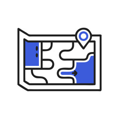 Fototapeta premium Map and location pin icon in blue and black outline style