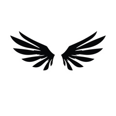 A minimalist logo design featuring a black silhouette of spread wings, rendered in geometric shapes and clean lines, centered on a white background. The style is vector