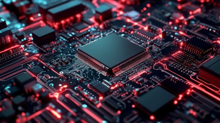 Obraz premium Close-up of a central processing unit (CPU) on a circuit board, illuminated with red and blue light.