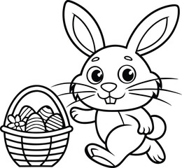 Animated Bunny Carrying Basket with Decorated Eggs in Black and White Outline