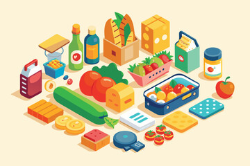 Vibrant isometric illustration showcasing a variety of groceries and food items. Includes bread, cheese, fruits, vegetables, and beverages, highlighting diversity in a kitchen setting.