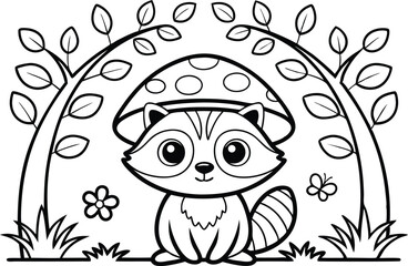 Cute Racoon Sitting Under Mushroom Cap, Forest Trees, Butterfly, Black Line