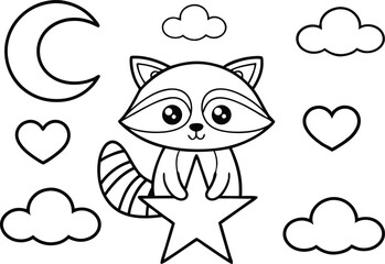 Cute Racoon Holding Star, Surrounded Moon, Hearts, Clouds Line Art