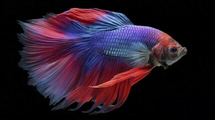 Fototapeta premium Swimming Fish with Vibrant Red and Blue Fins on Black Background