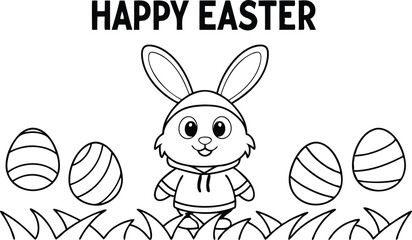 Black outline happy easter with rabbit, grass, and decorated eggs on white background