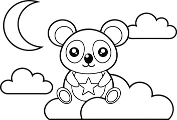 Cute Cartoon Bear Sits On Clouds Under Moon Coloring Page
