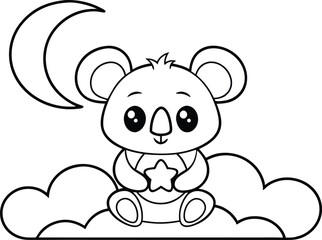 Cute Koala Holding Star Sitting on Cloud with Crescent Moon Outline