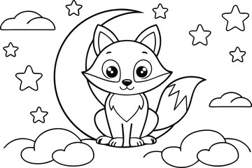 Cartoon Fox Sitting on Moon Surrounded by Stars and Clouds, Outline