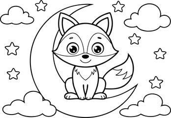 Charming Fox on Moon with Clouds and Stars Black Outline Cartoonish