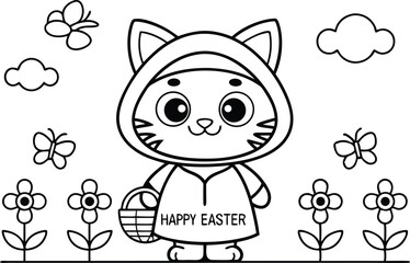 Happy Easter! Cartoon Cat with Basket on Transparent Background Outlined Flowers