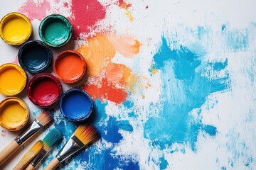 Colorful paint palettes and brushes creating vibrant art in a creative workspace