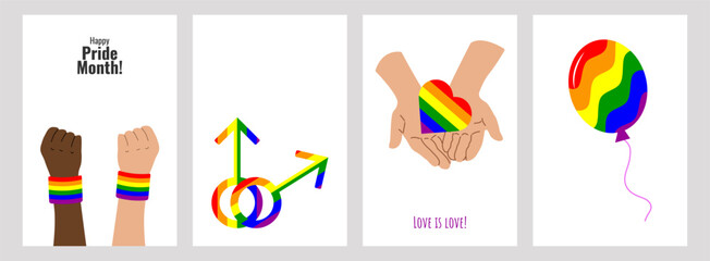 LGBT Pride Month set of colorful poster. Symbol LGBT pride community. Rainbow elements. Banner design cover magazine, layout, brochure, flyer. Vector illustration.