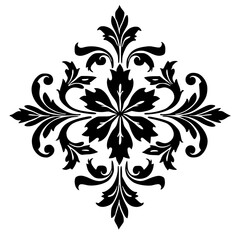 Elegant Black Floral Damask Ornament on White Background