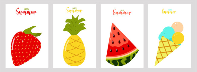 Hello summer color postcard design template layout. Strawberry watermelon pineapple ice cream. Vector illustration.