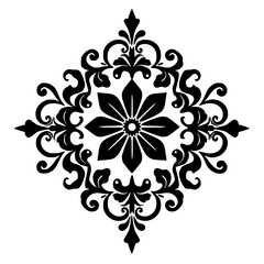 Elegant Black Floral Damask Ornament on White Background
