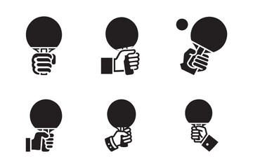 Holding ping pong icons. Holding ping pong paddle silhouette vector