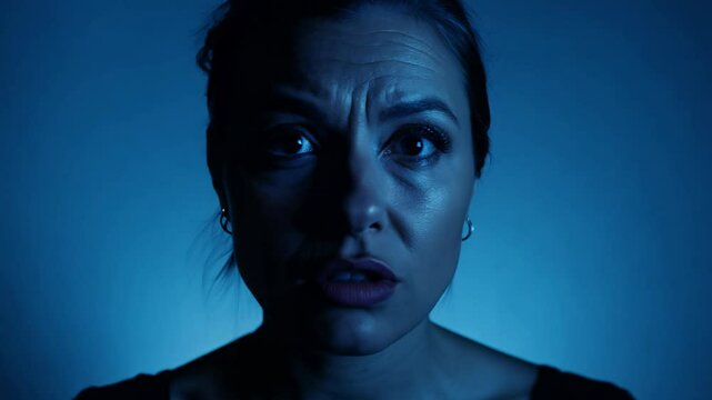 Close-up static video of a woman with a streak of silver in her hair and striking cheekbones expressing startled amazement, cool backlighting