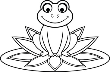 Cartoon Frog Sitting on a Lily Pad, Outline, Smiling, Pond Life, Black and White