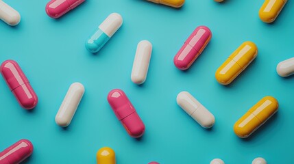 Colorful Capsules and Pills on Bright Blue Background for Health and Medical Concepts in Stock Photography