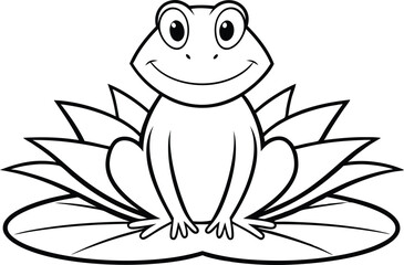 Smiling Outline Frog Sitting on Lily Pad With Transparent Background Design Element