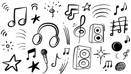 Music doodle icons, Hand-drawn instrument sketches, Musical note vector set, Crayon music elements, Hand-drawn doodles of music elements like notes, instruments, headphones, speakers, and stars