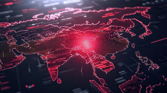 Global economy China stock market impact Digital map of Asia with glowing network connections and data points.